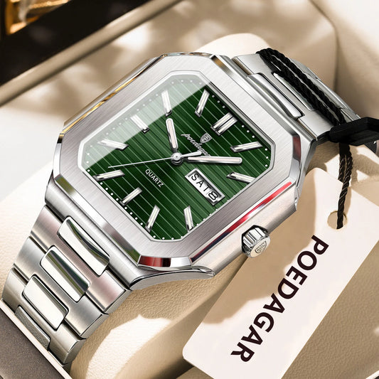 Square Stainless Steel Watch – Luminous Numberless Dial with Hidden Clasp