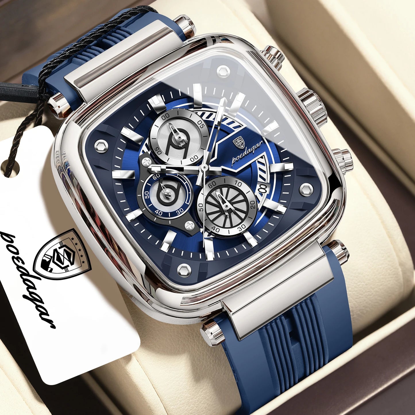 Square Chronograph Sport Watch – Luminous Dial with Silicone Strap & Date