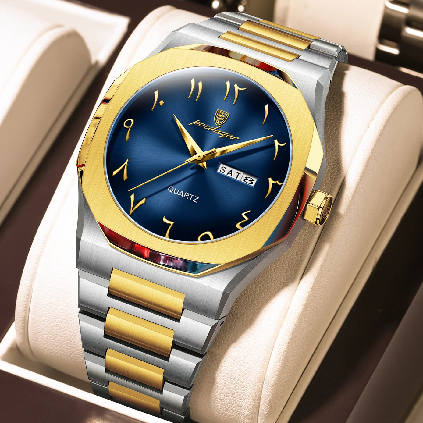Irregular Shape Stainless Steel Watch – Full Calendar with Date & Week Display