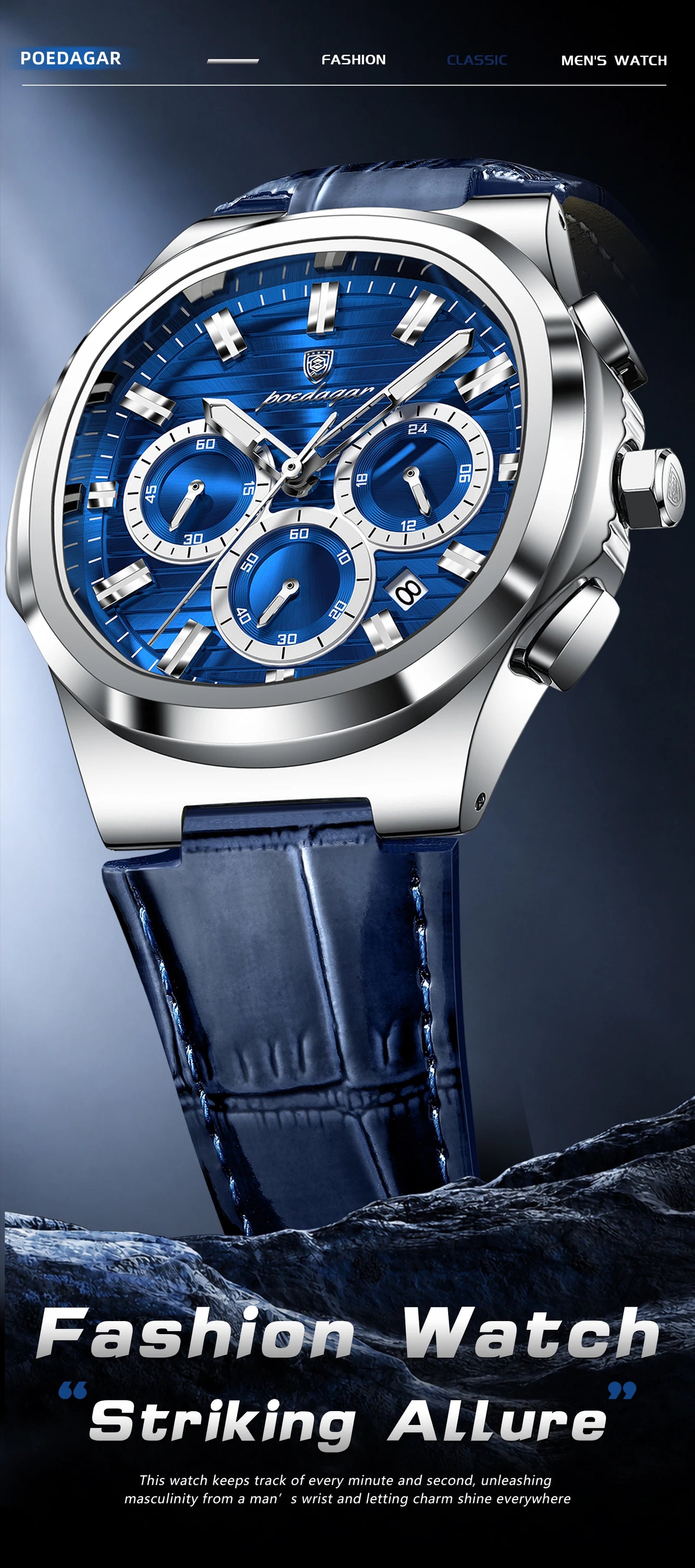 Square Chronograph Watch – Luxe Leather Strap with Luminous Dial & Date