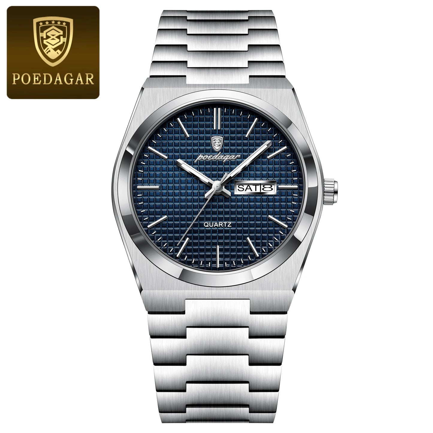 Full Calendar Stainless Steel Watch – Luminous Dial with Date, Week & Hidden Clasp