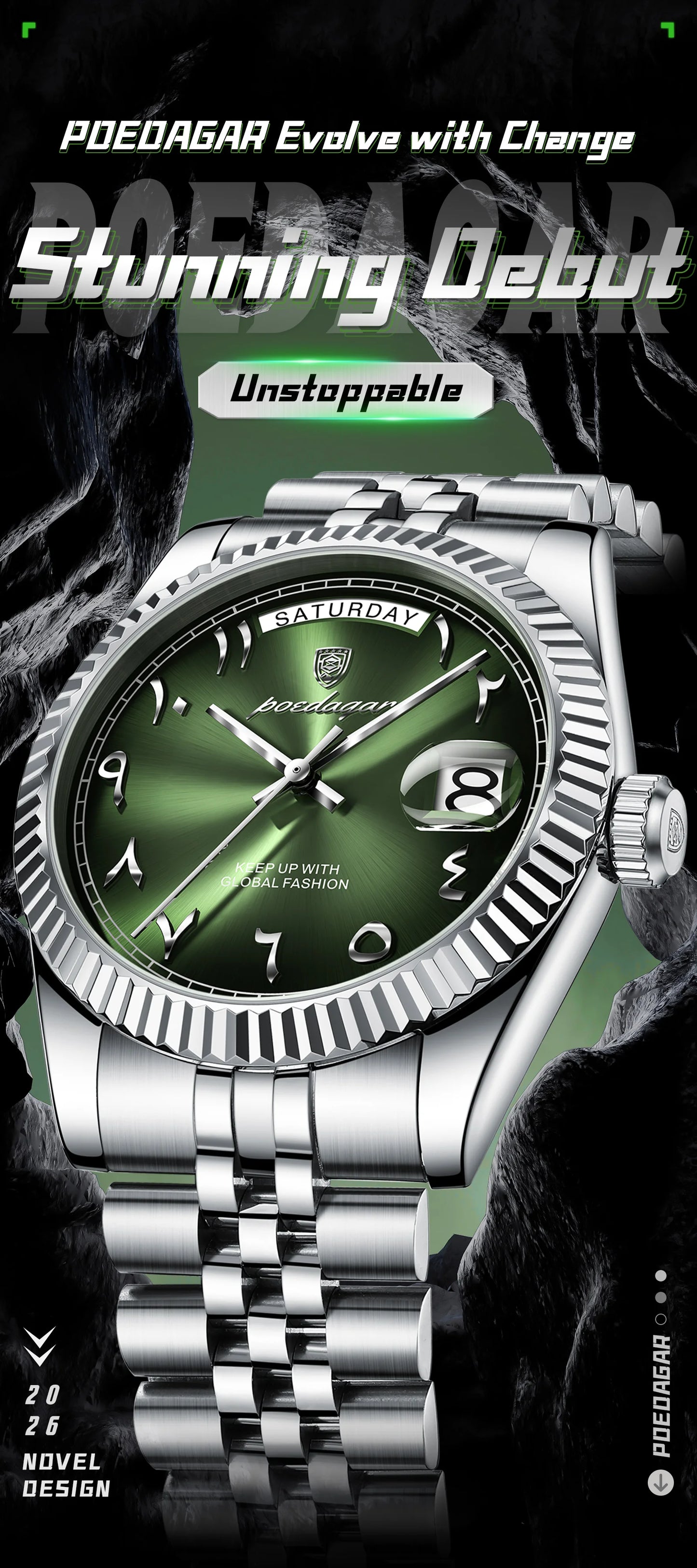 Full Calendar Slim Watch – Date & Week Display with Hidden Clasp Bracelet