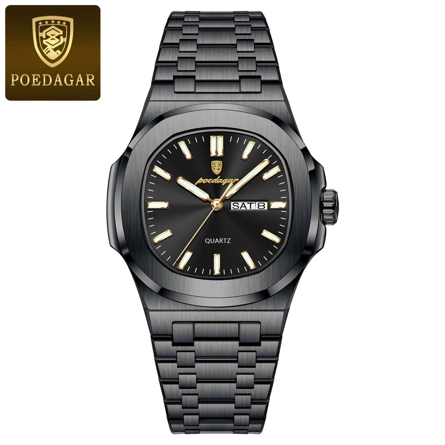 Square Full Calendar Watch – Date & Week Display with Hidden Clasp Bracelet