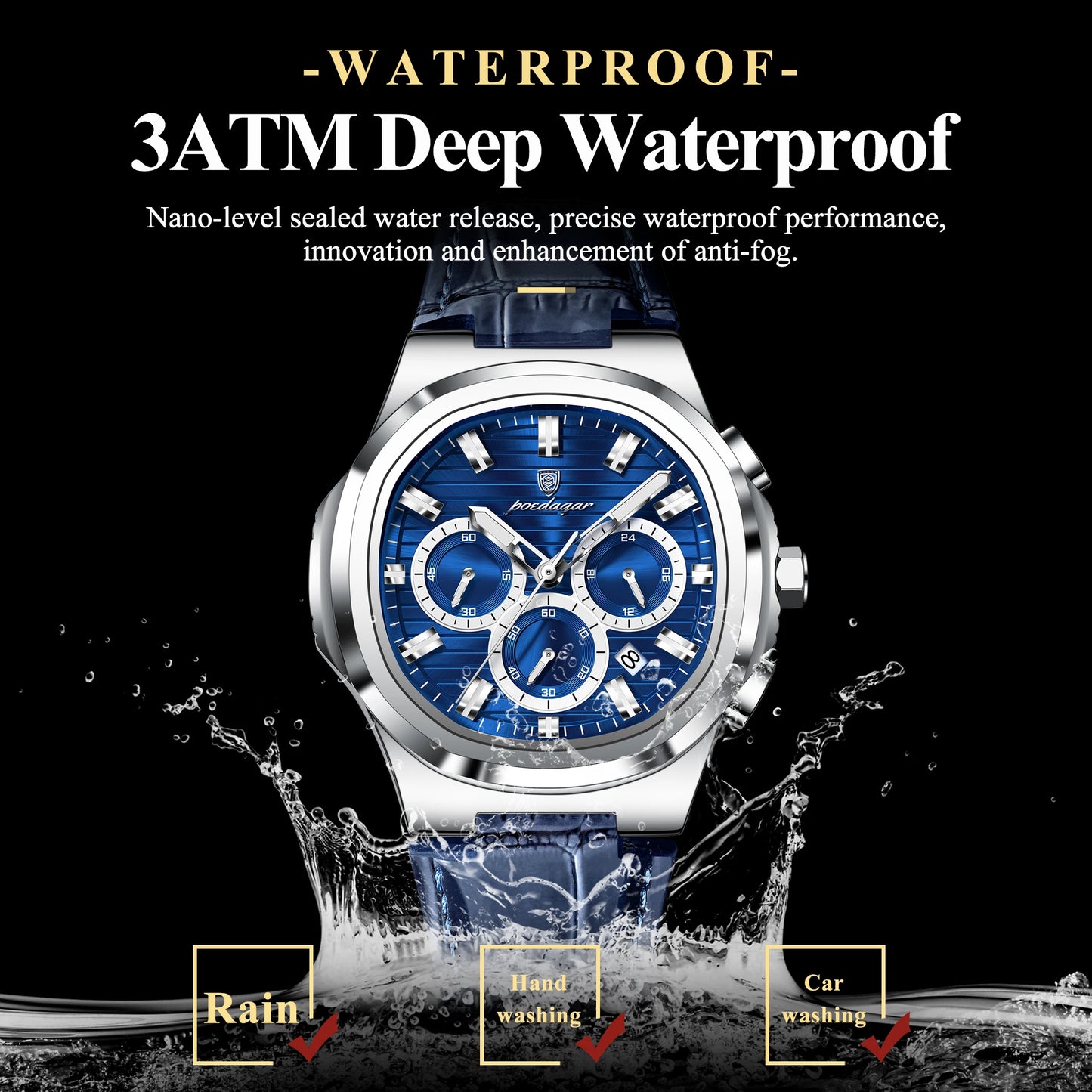 Square Chronograph Watch – Luxe Leather Strap with Luminous Dial & Date