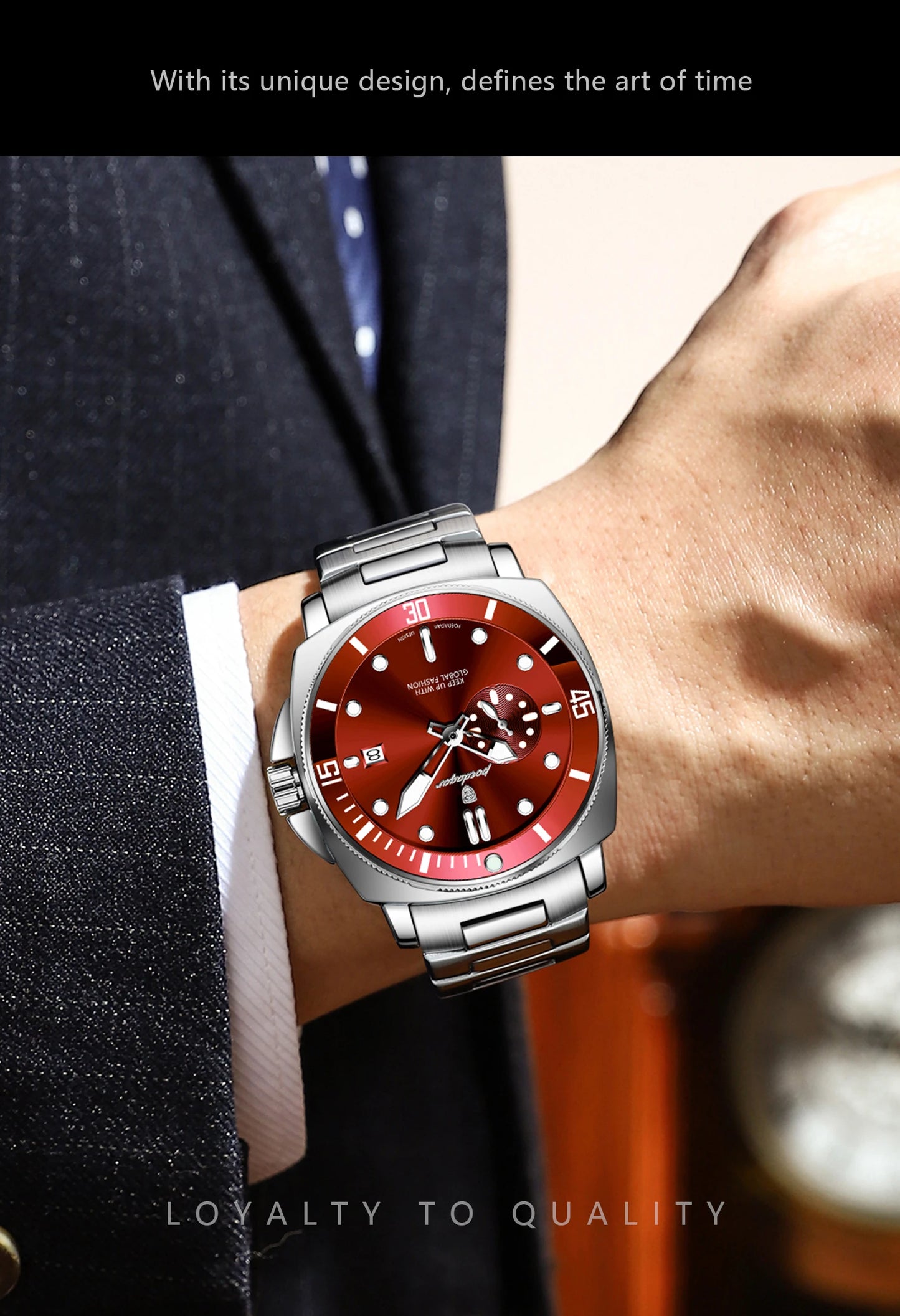Business Date Watch – Luminous Numberless Dial with Hidden Clasp Bracelet