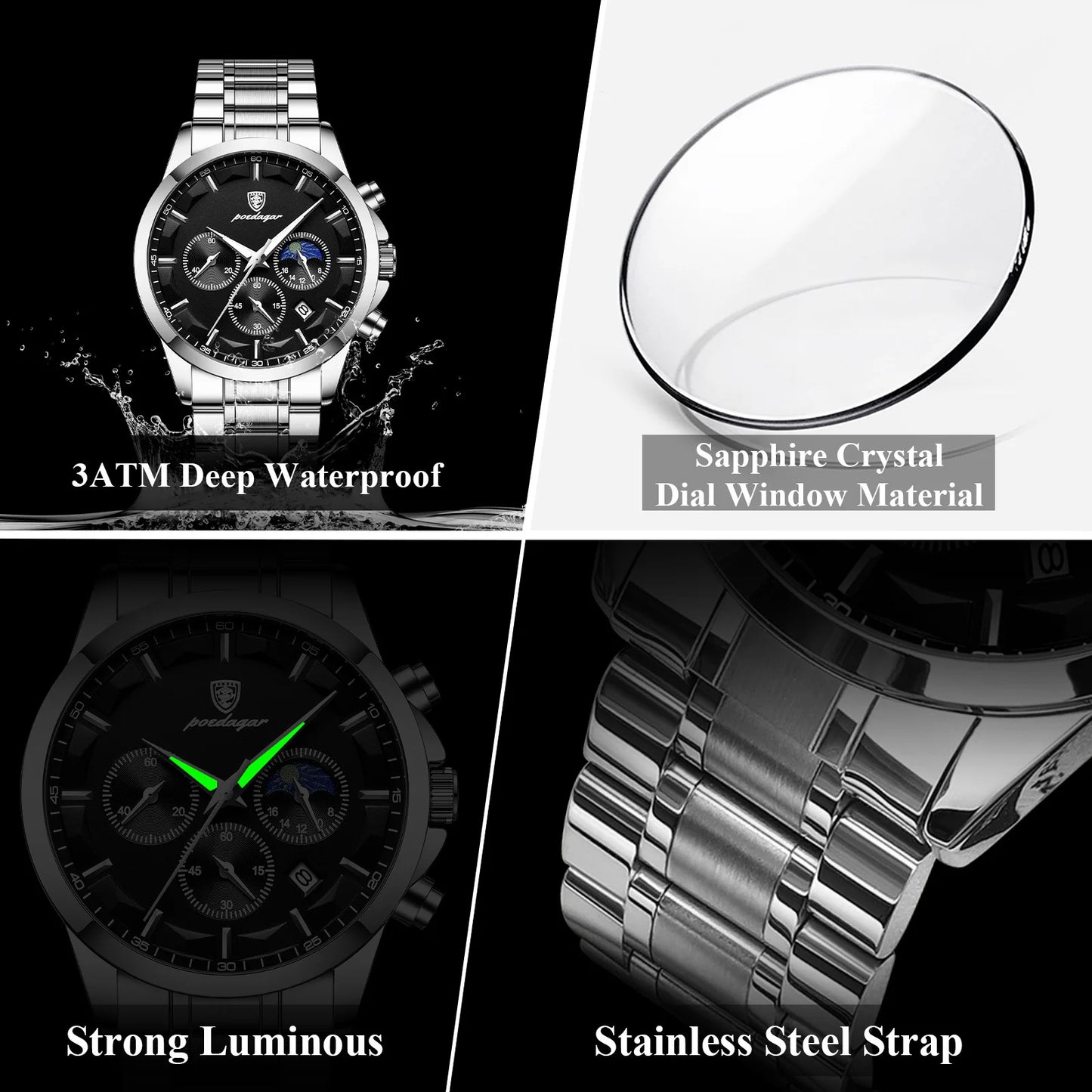Chronograph Date Watch – Luminous Numberless Dial with Bracelet Clasp
