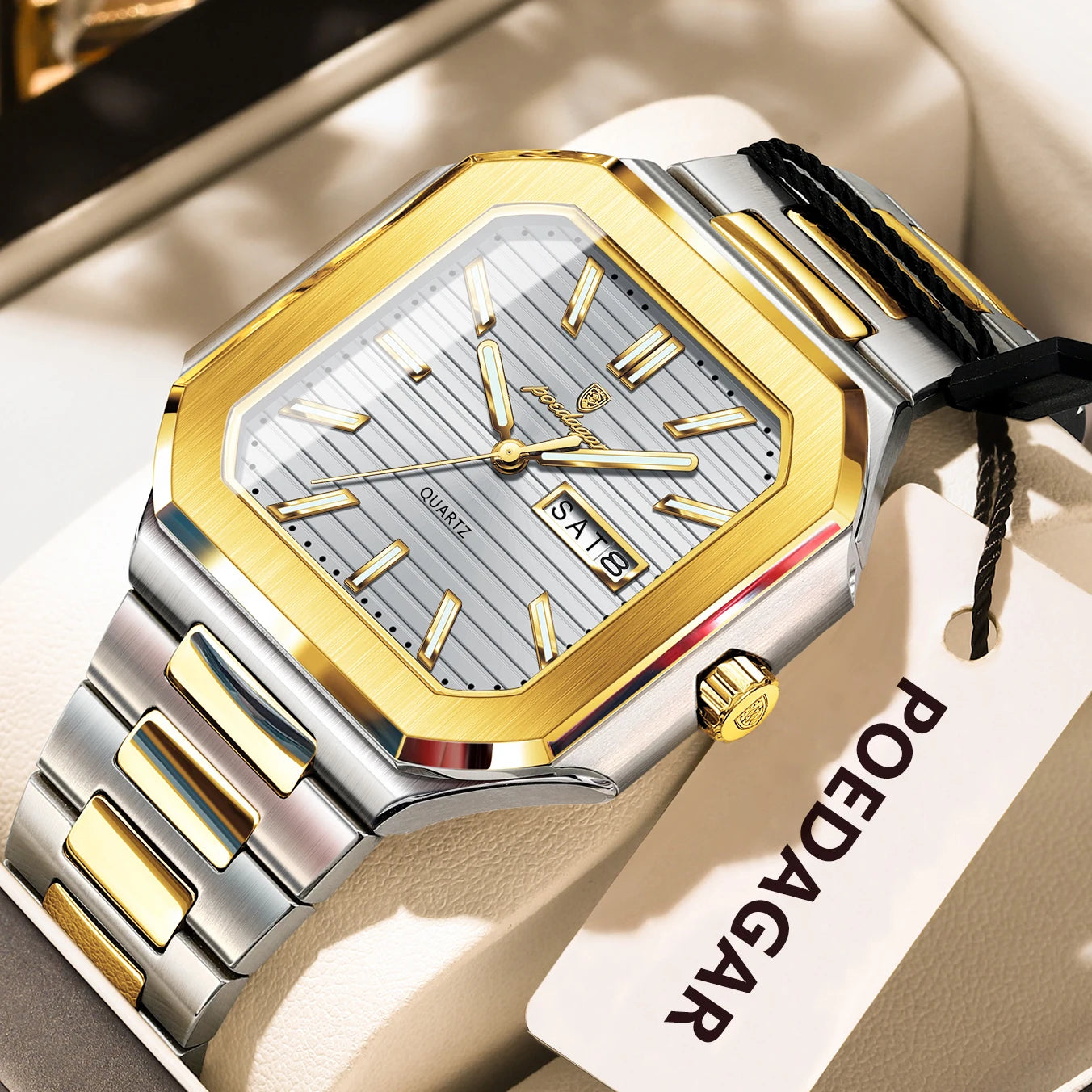 Square Stainless Steel Watch – Luminous Numberless Dial with Hidden Clasp