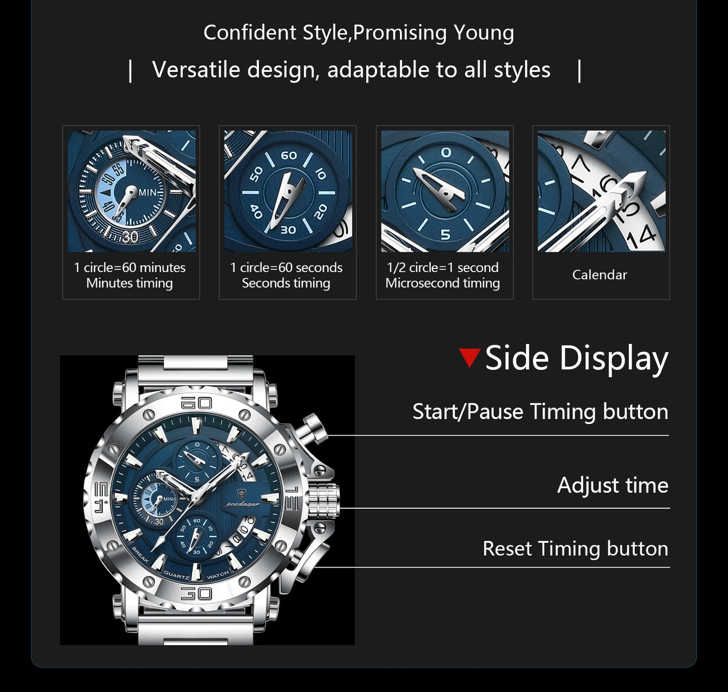 Large Chronograph Watch – Luminous Numberless Dial with Hidden Clasp