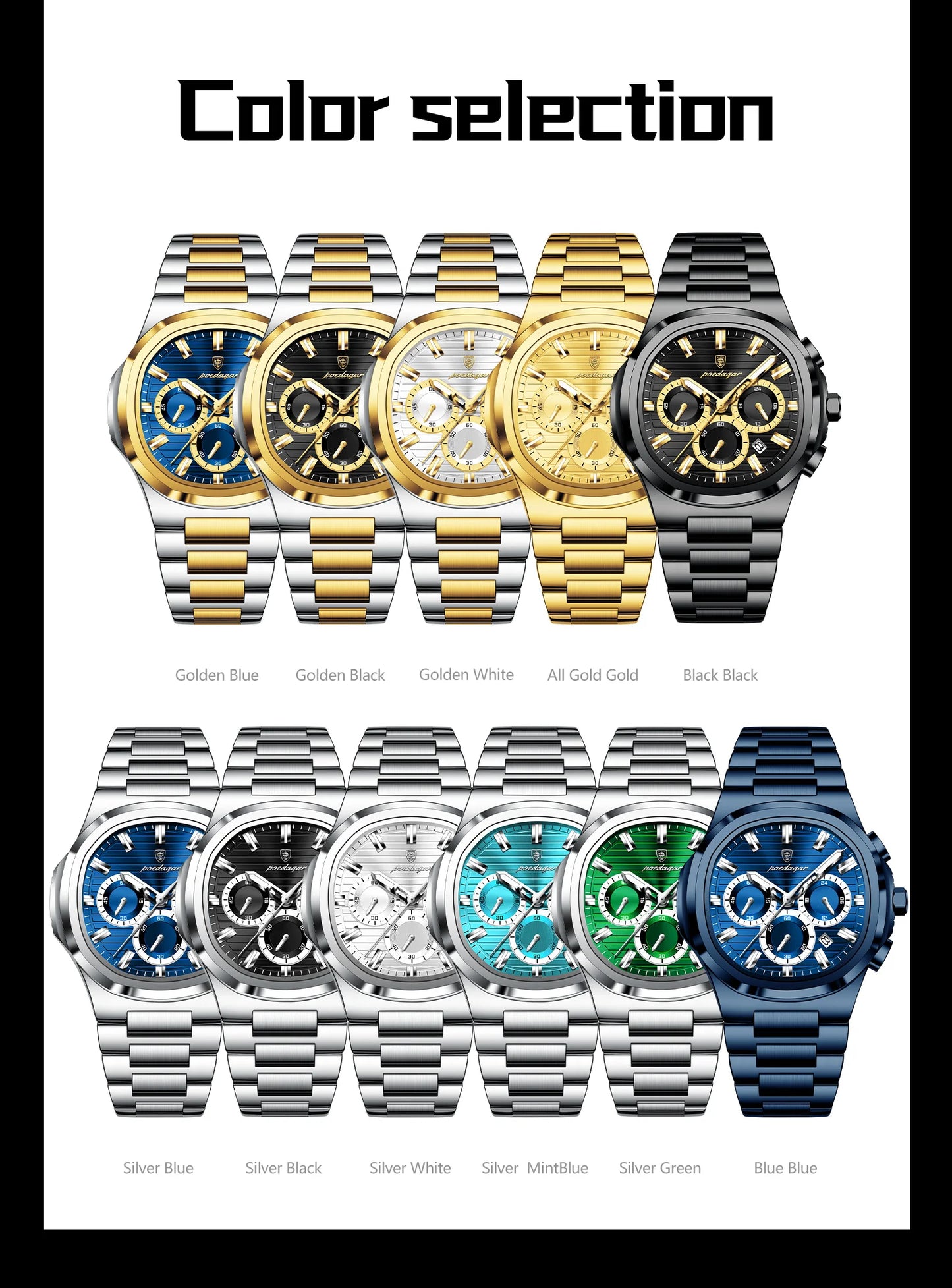 Square Chronograph Watch – Large Numberless Dial with Hidden Clasp Bracelet