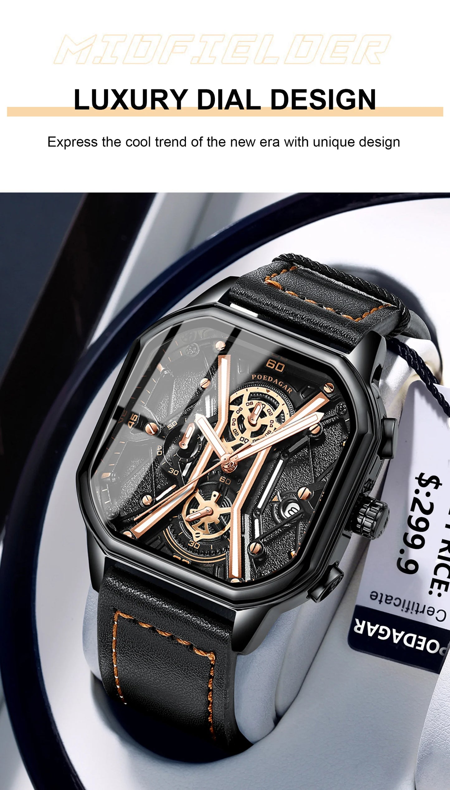 Square Chronograph Watch – Full Calendar with Leather Strap & Luminous Dial