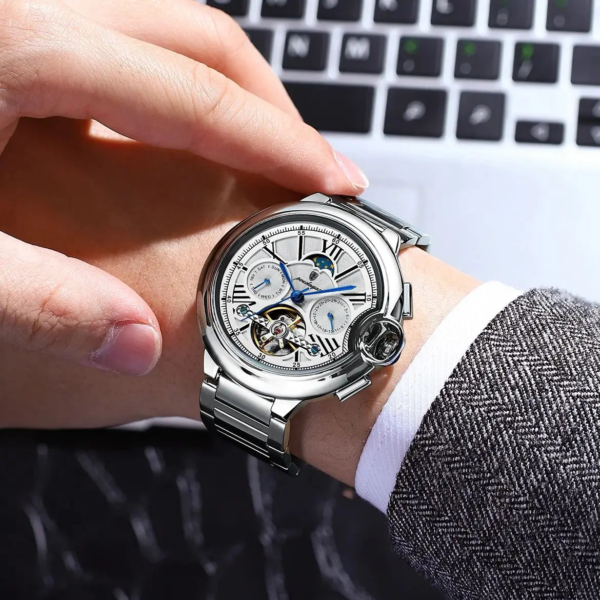 Automatic Skeleton Watch – Tourbillon Style with Moon Phase & Full Calendar