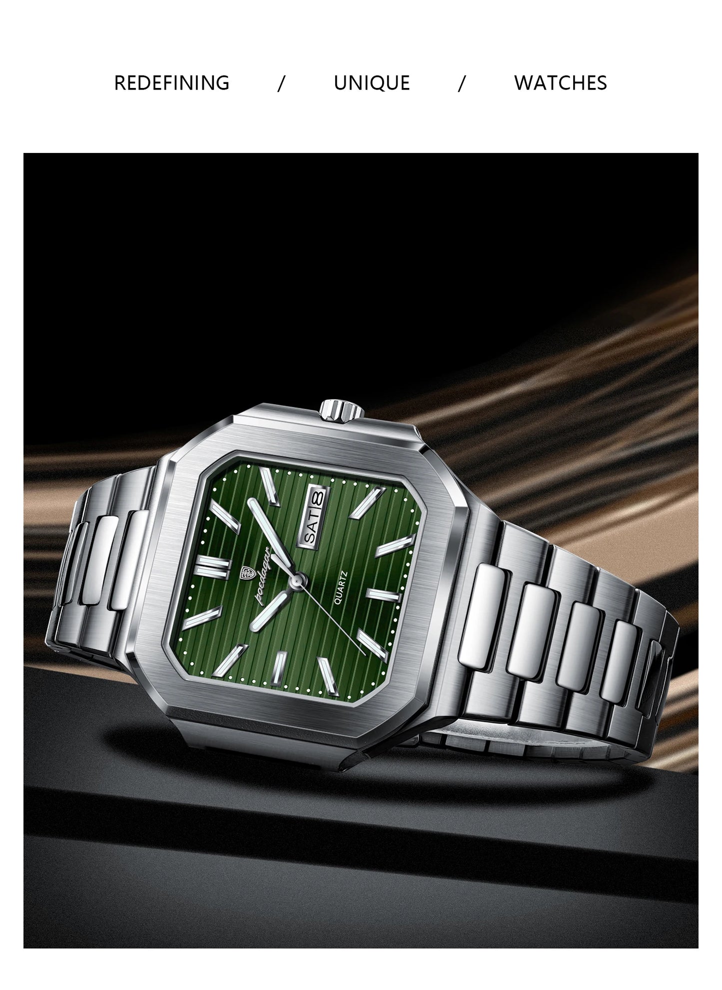 Square Stainless Steel Watch – Luminous Numberless Dial with Hidden Clasp