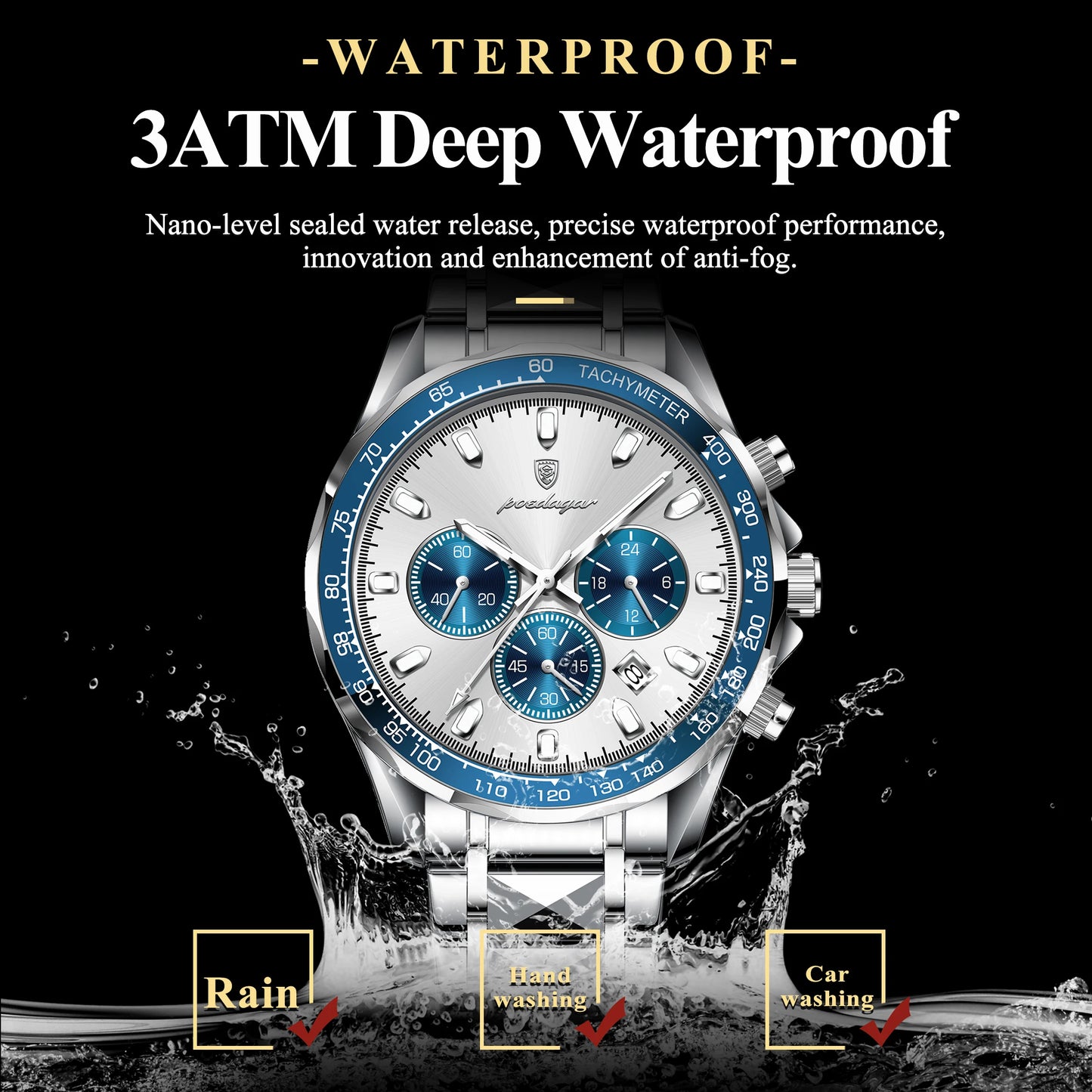 Chronograph Business Watch – Luminous Numberless Dial with Hidden Clasp Bracelet
